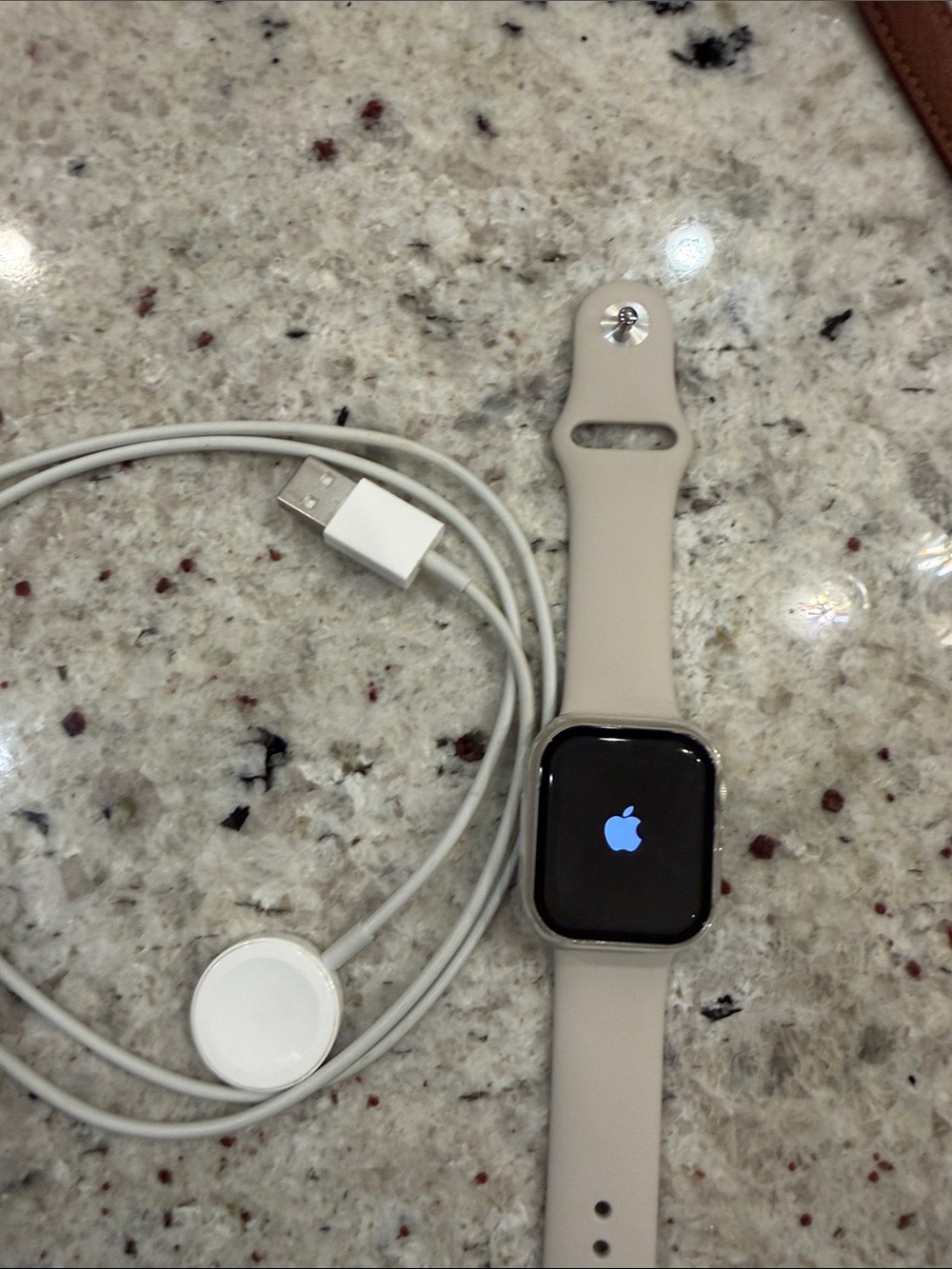 Apple Watch with Stone Silicone Band and White Charger